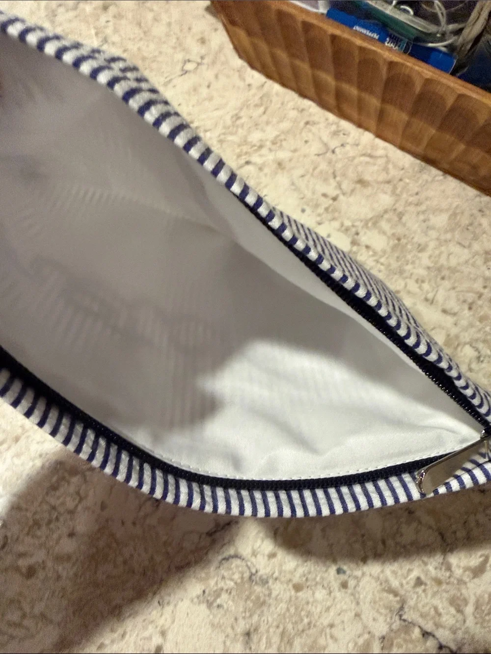 Striped Navy Cosmetic Pouch with Pink Rope Name Embroidery